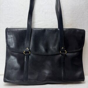 Vintage Black Leather Computer Shoulder Bag Tote Brass Hardware